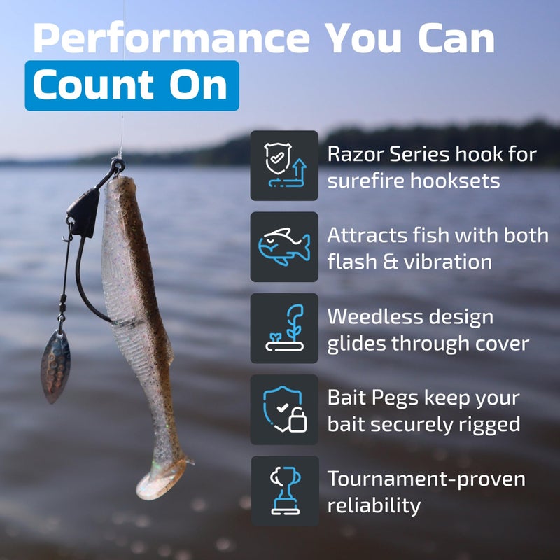 Harmony Fishing Company Harmony Fishing - Razor Series Underspin Swimbait Hooks (4 Pack w/ 5 Bait Pegs) - Swimmer Hooks with Flashy Willow Spinner Blades (1/2 oz, 5/0 Hook) - Image 2